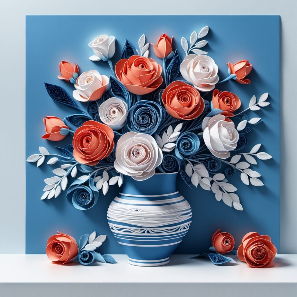 Quilling Art Roses in Vase, Splash Art Style