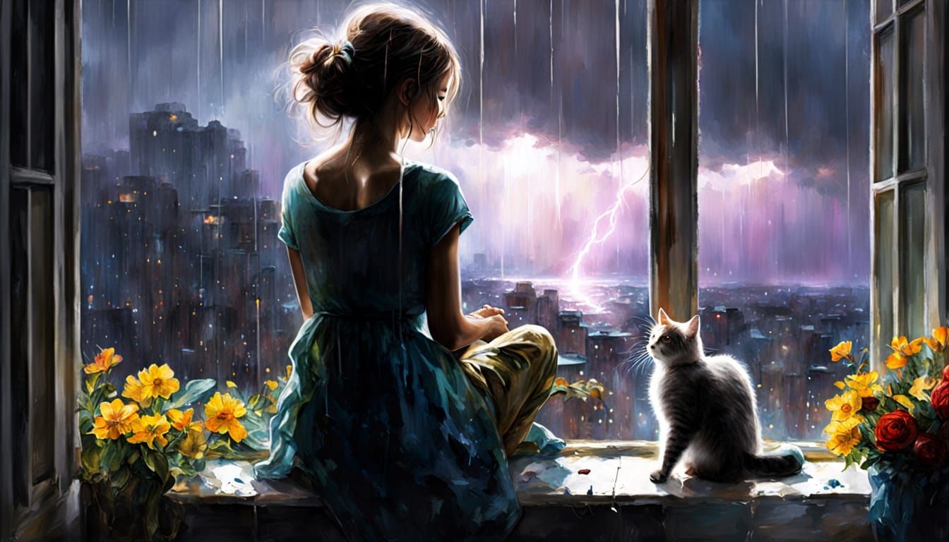 Girl and Cat Watch Summer Rain, Matte Painting