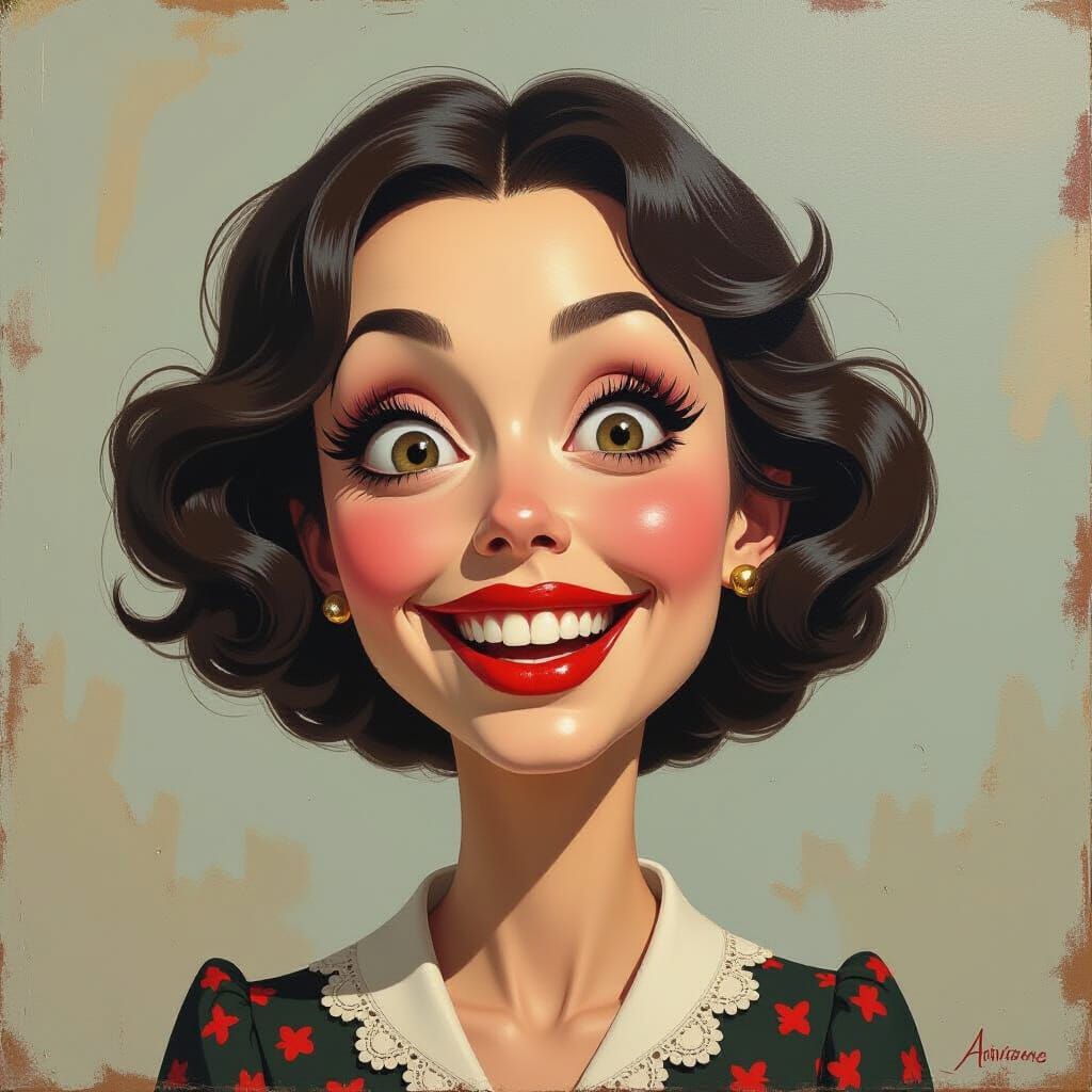 Surreal Caricatured Woman Oil Painting with Expressive Disto...