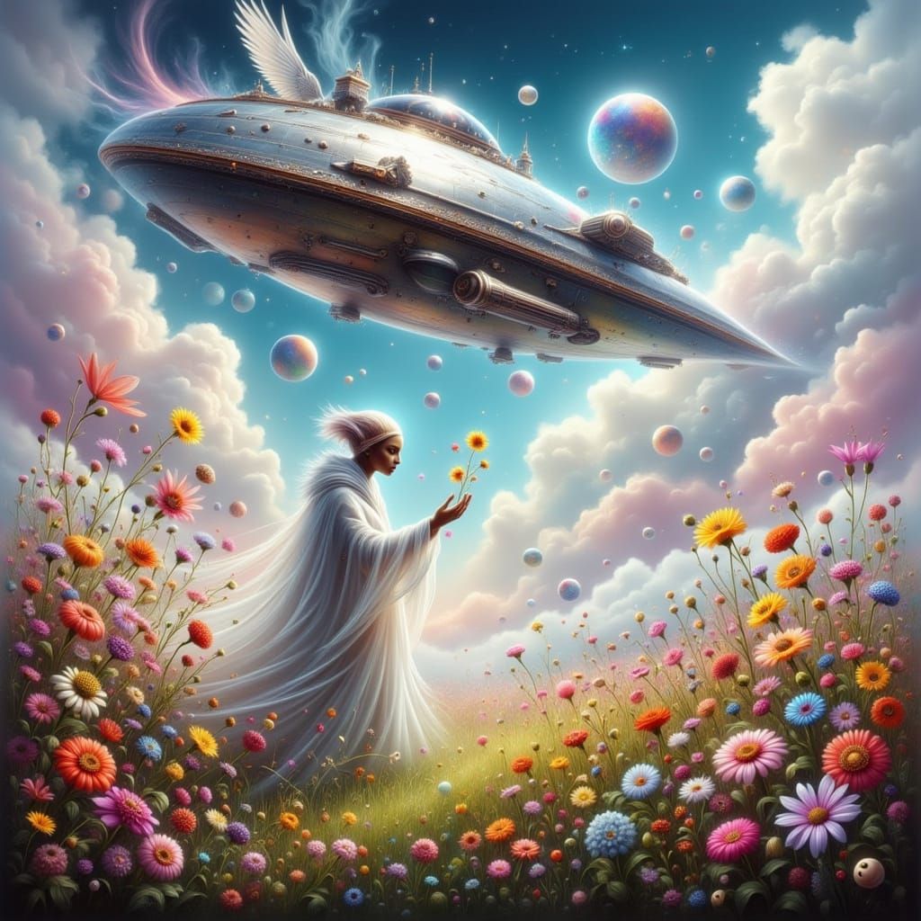 Alien Picking Flowers Near Spaceship, Dreamy Digital Art