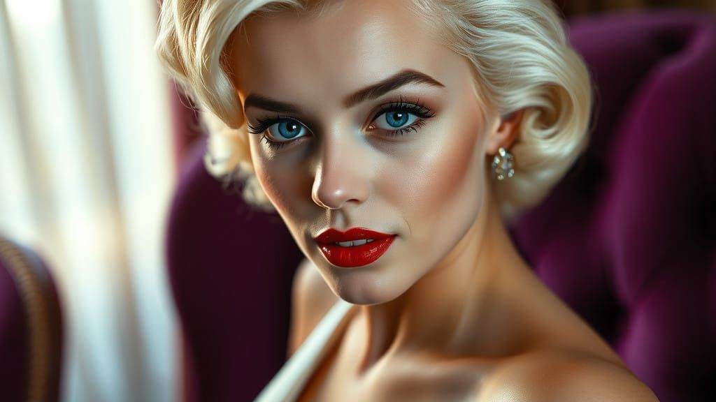 Intimate, [[[extreme macro close-up]]] photograph of [[[Marilyn Monroe's [[[heart-shaped face]]]