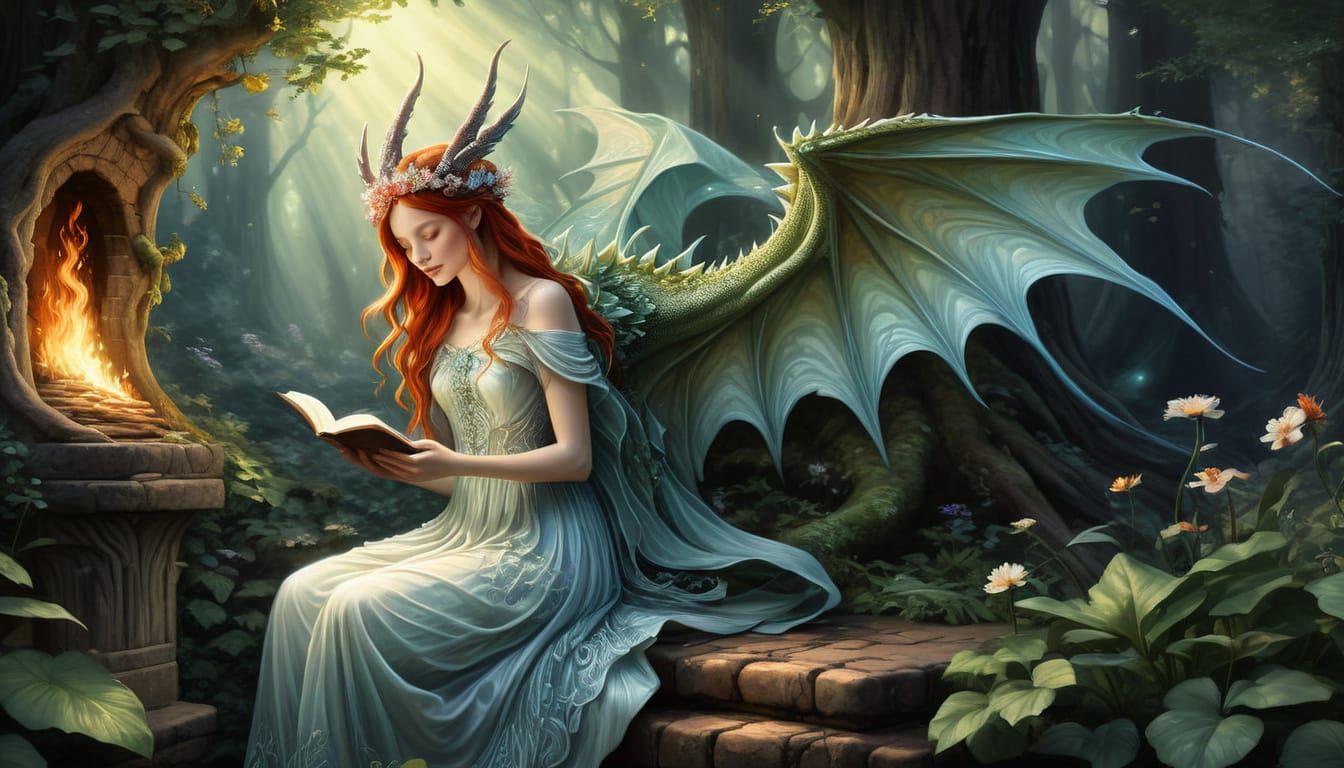 Dragon Reads to Fairies: Ethereal Watercolor Art