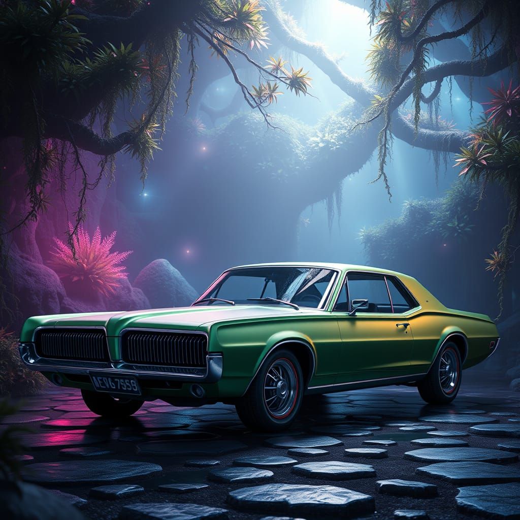 Surreal Metallic Green Muscle Car in Dreamlike Landscape
