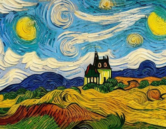 Lonely Village in Swirling Landscape as Impasto Painting