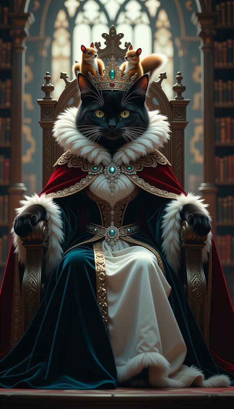 Majestic Cat Queen with Squirrel Crown in Fantasy Art Nouvea...