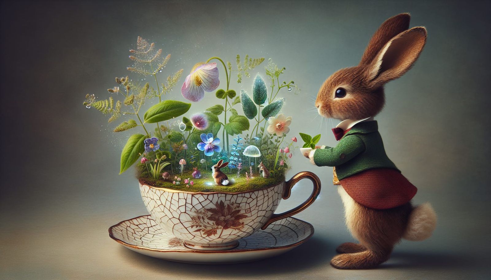 Anthropomorphic Rabbit Tending Enchanted Garden Teacup