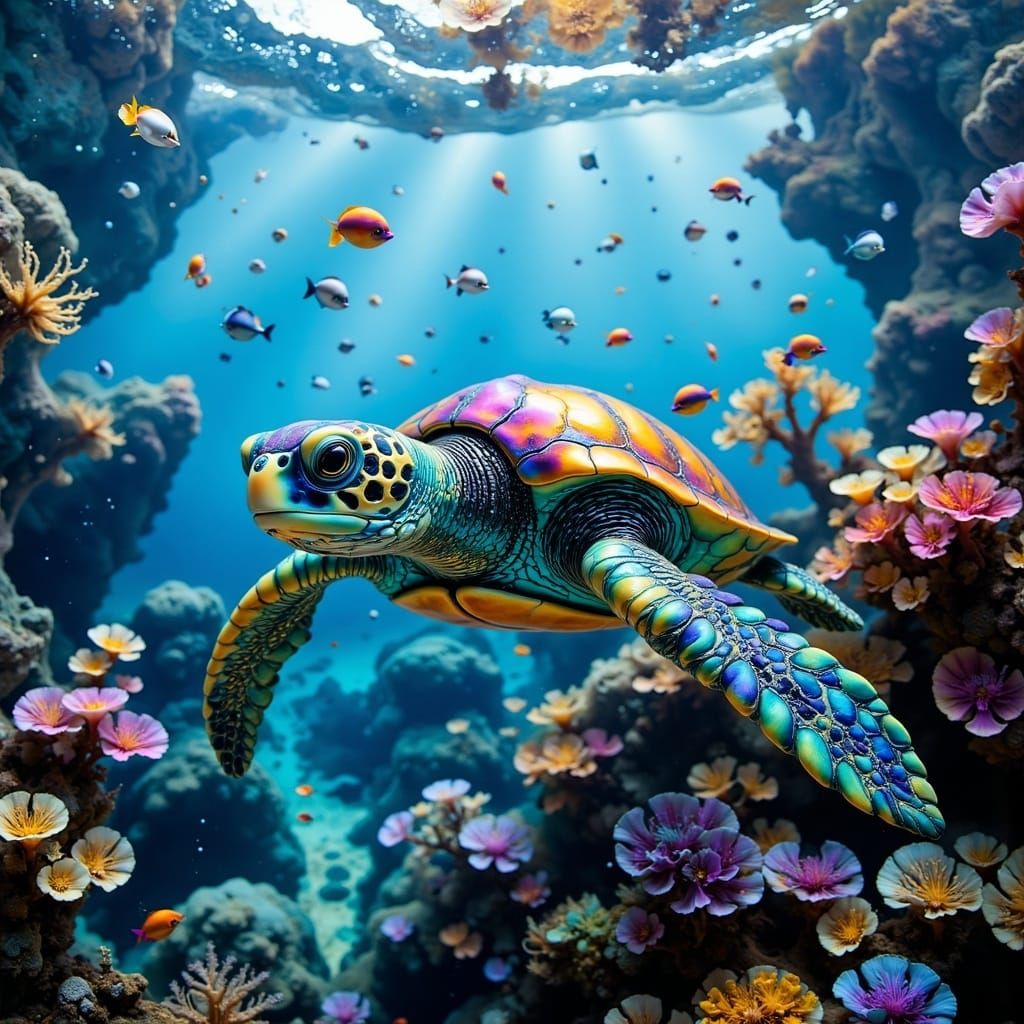 Surreal Underwater Scene with Metallic Green Sea Turtle in H...