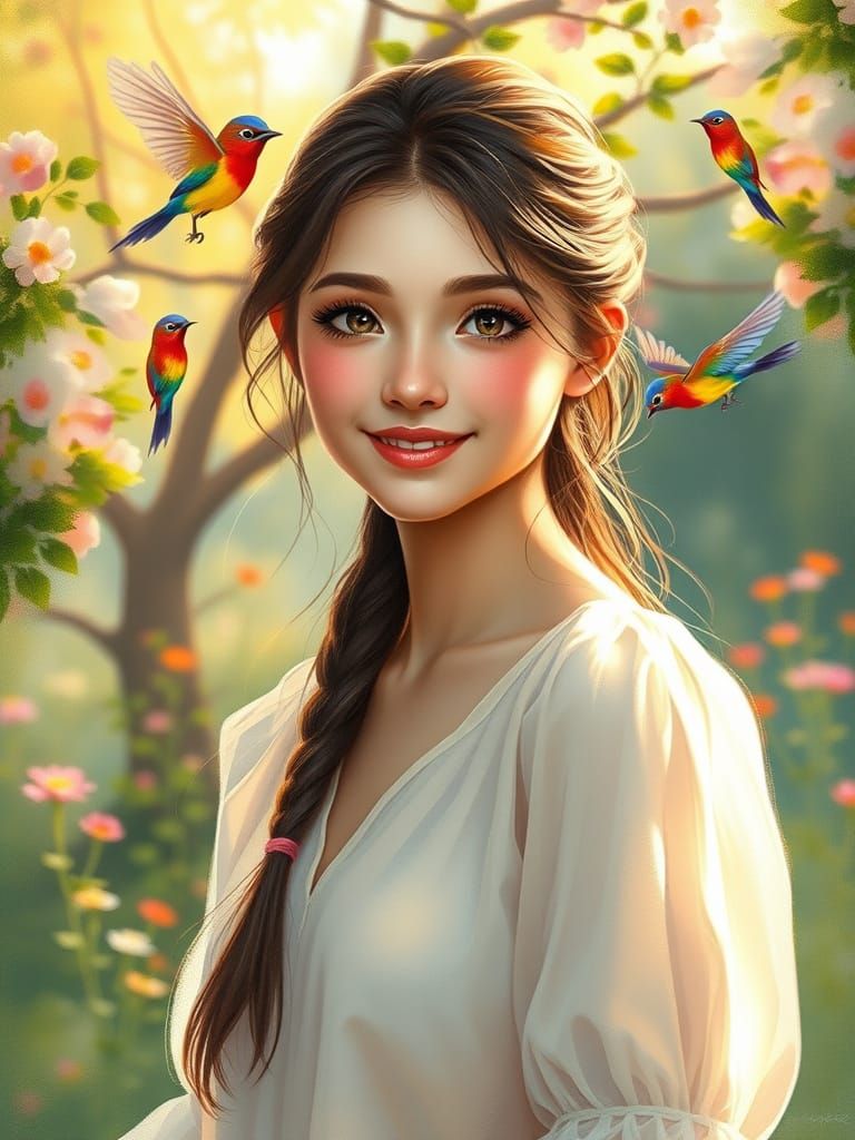 Young Woman in Enchanted Garden Scene with Impressionistic Q...