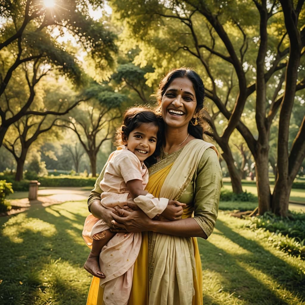 Indian Mother and Son Portrait in Golden Light