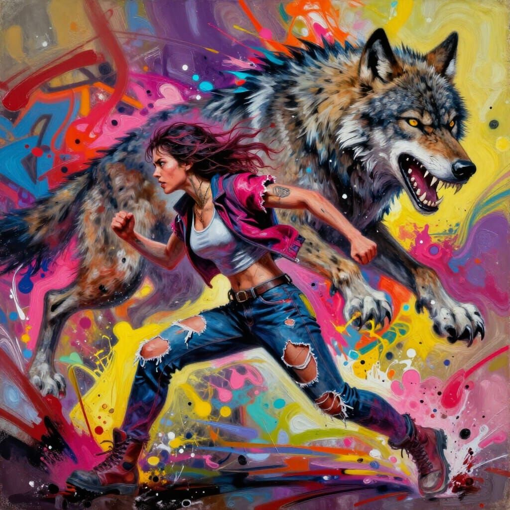 Female Runner Evades Snarling Werewolf in Graffiti Art Style