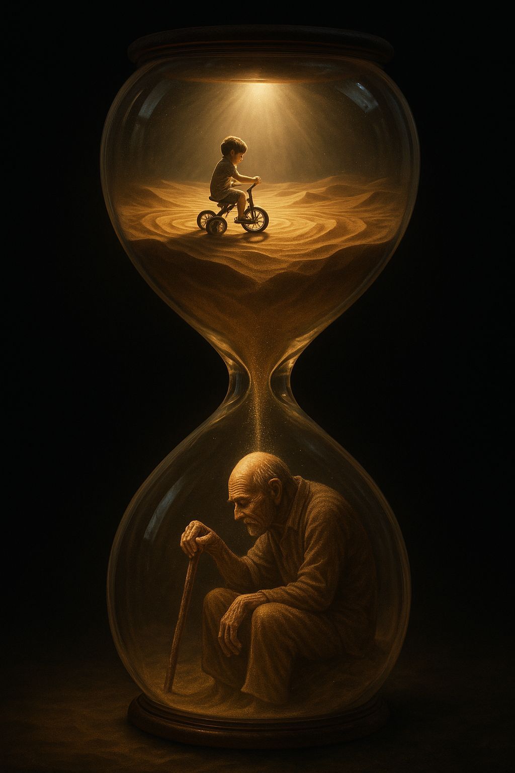 Surreal Hourglass: Child and Old Man in Time
