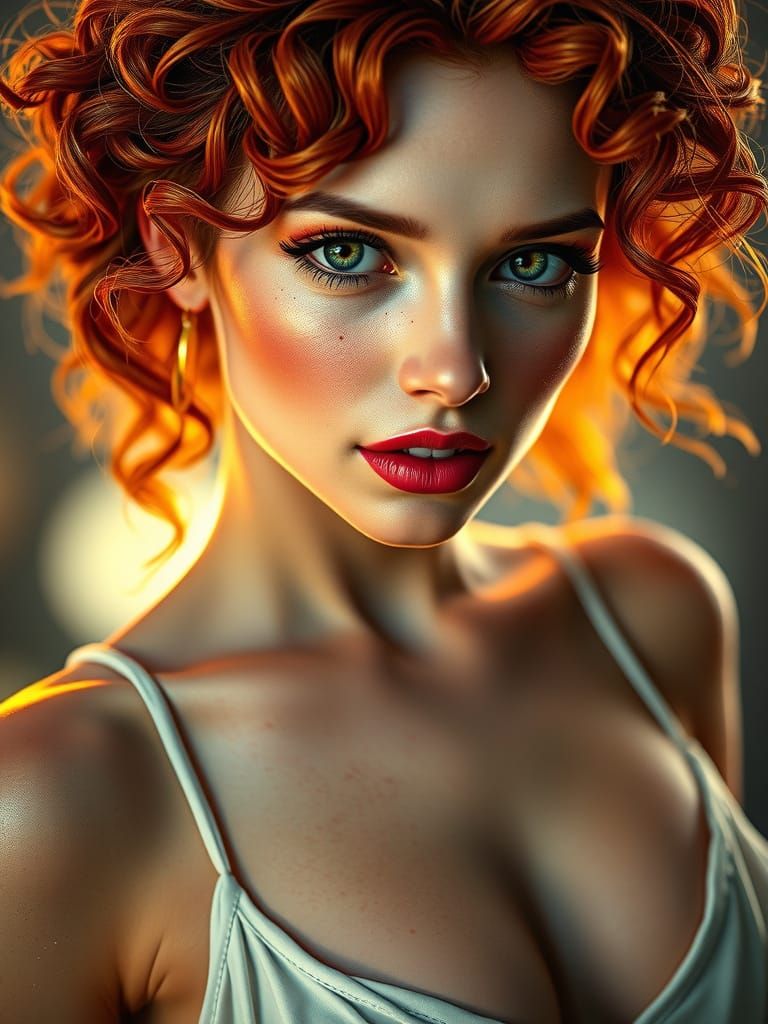 Sultry Sunset Siren with Fiery Red Hair and Alluring Green E...