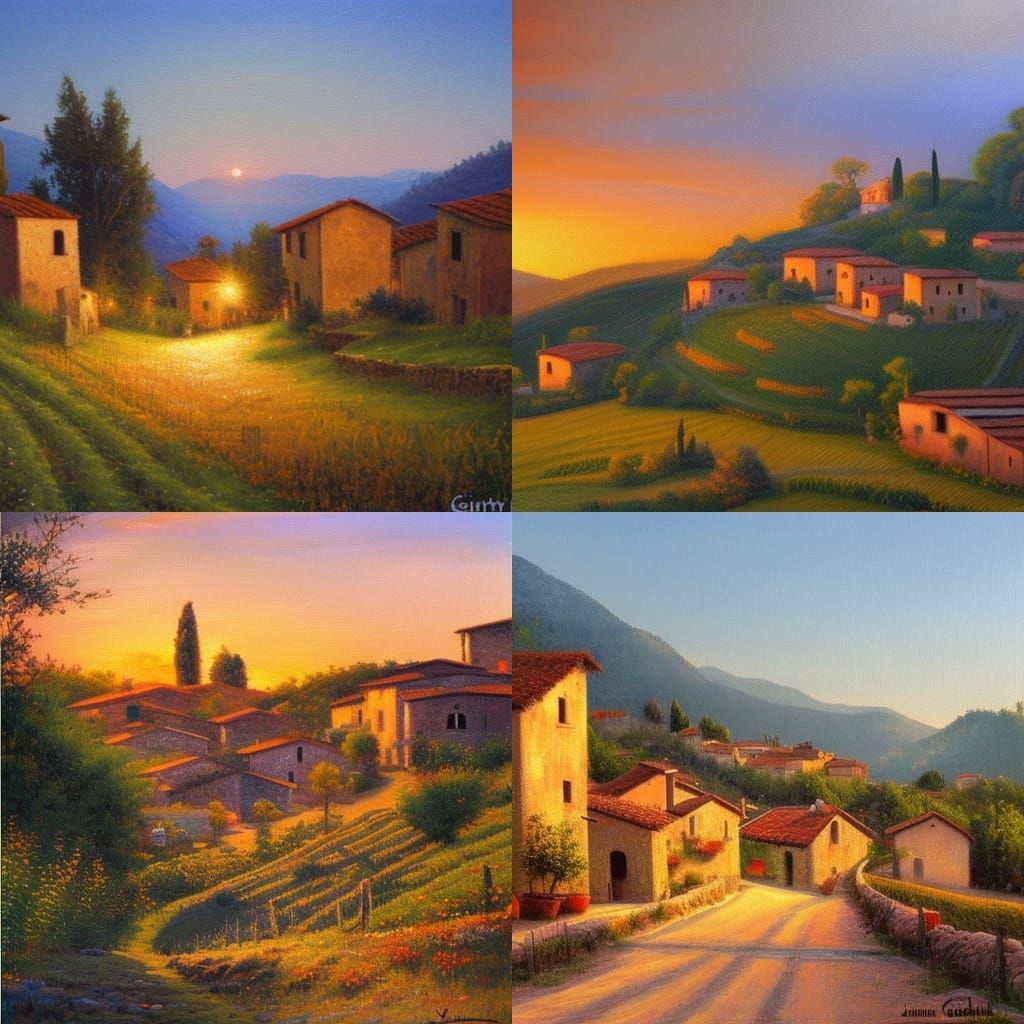 Italian Village Sunrise: Rural Scene in Oil Painting Style