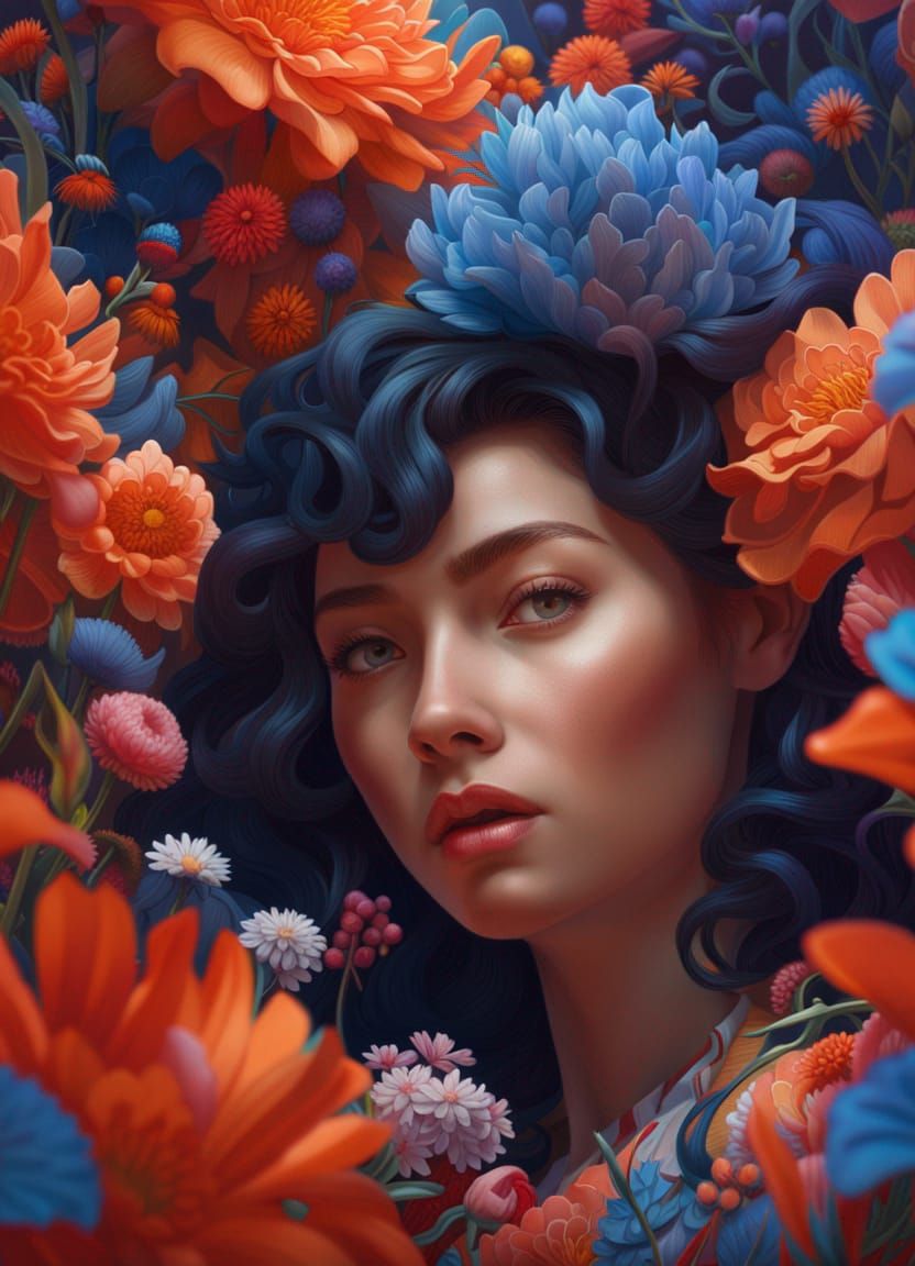 Detailed Portrait of Woman with Flowers, Surreal Impressioni...