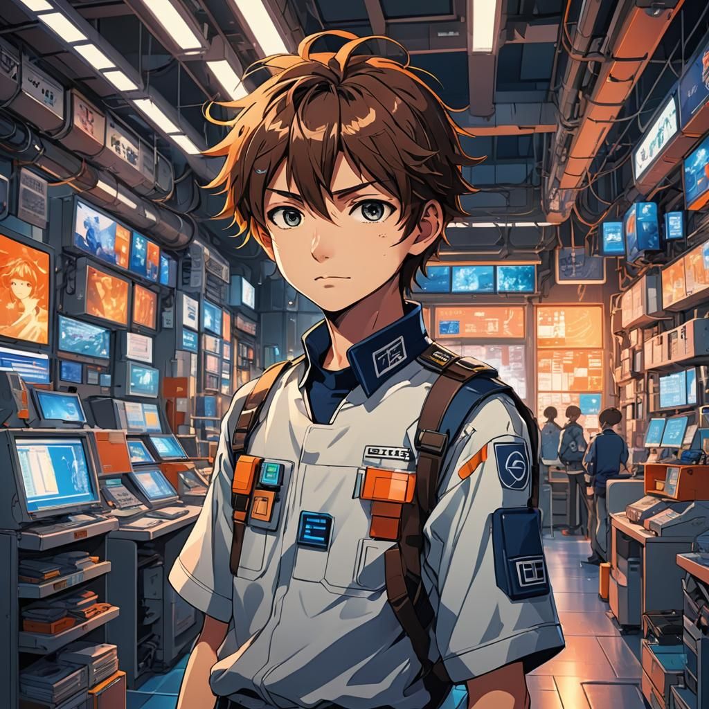 Anime Boy in Futuristic Supply Center: Manga Art