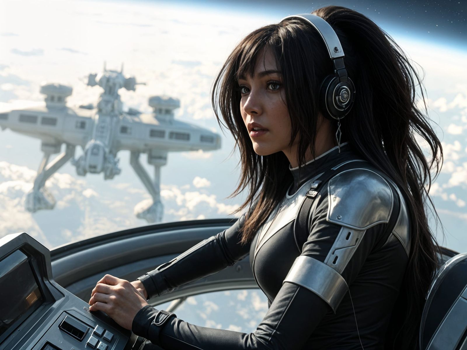 Futuristic Woman Pilots Spaceship Above Alien Planet