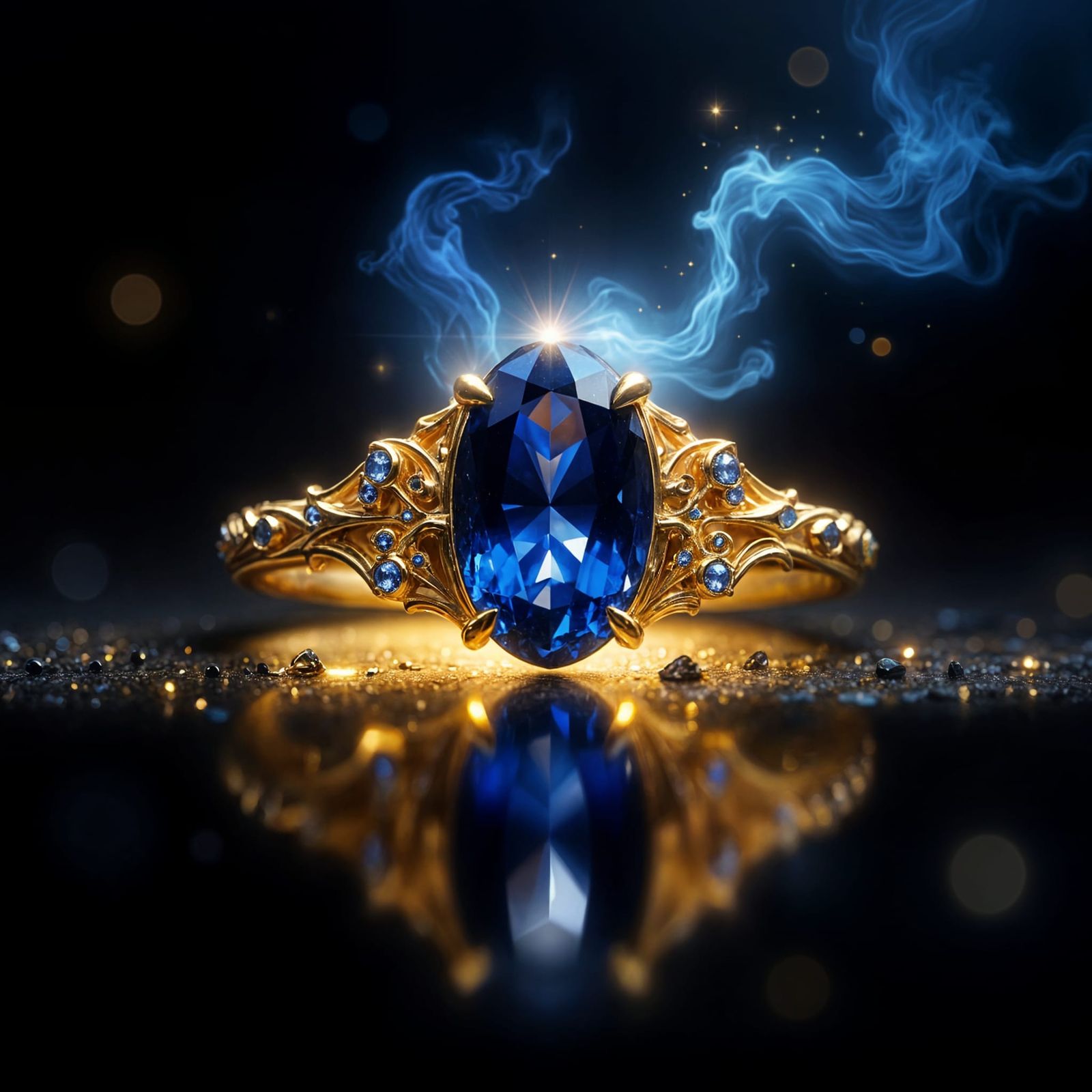 Golden Ring with Shimmering Sapphire, Mysterious Light