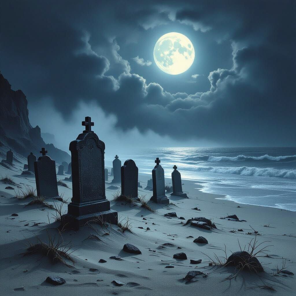 Eerie Graveyard on Moonlit Beach With Fog