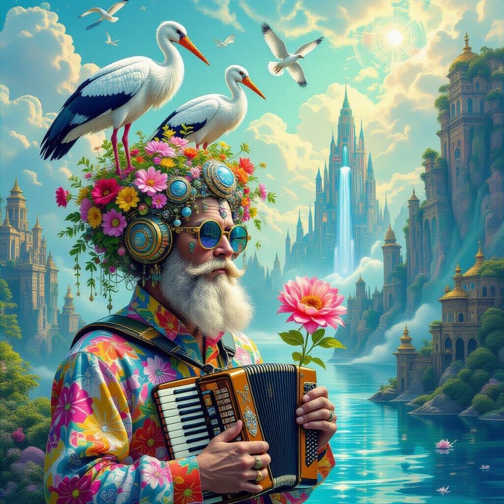 Psychedelic Utopia with Accordionist in Surreal Galaxy