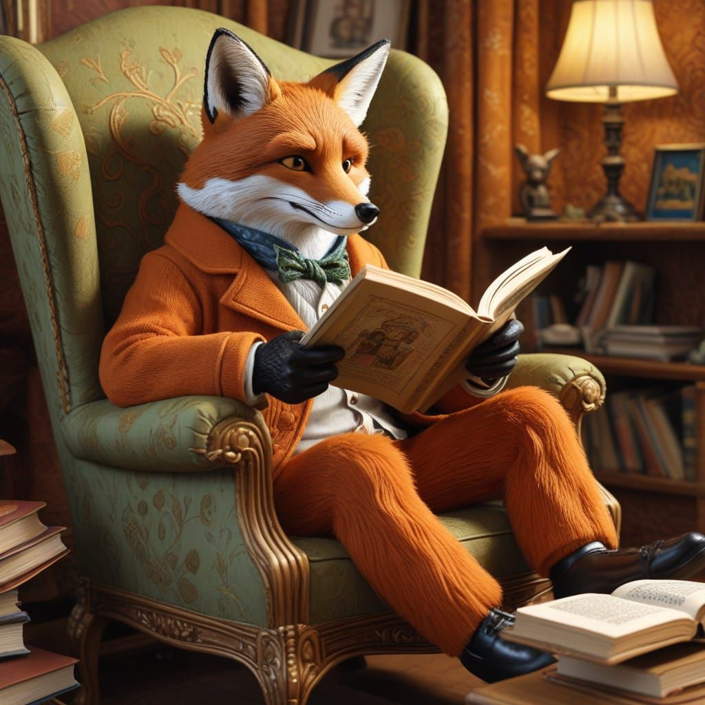 Fox Reading in Armchair, Comic Book Style