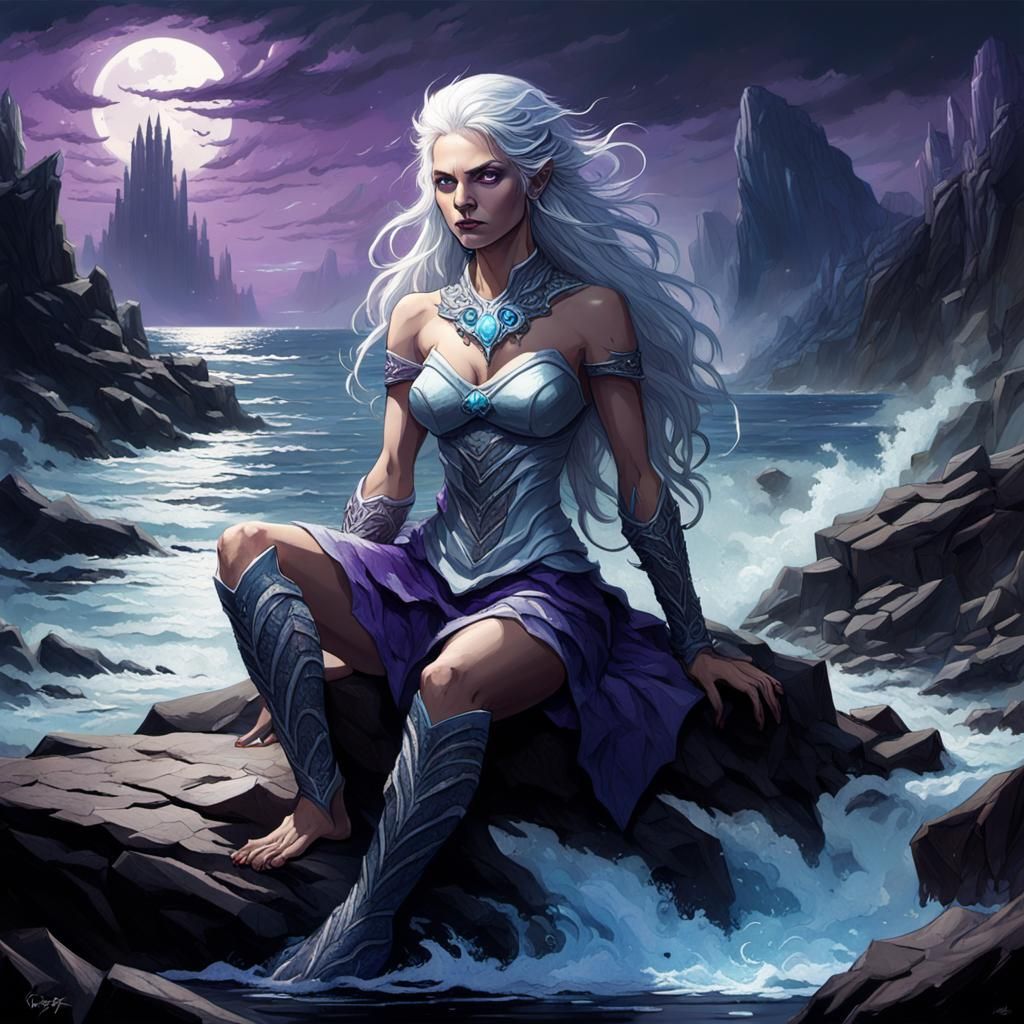 Silver-Haired Siren in Dark Fantasy Landscape