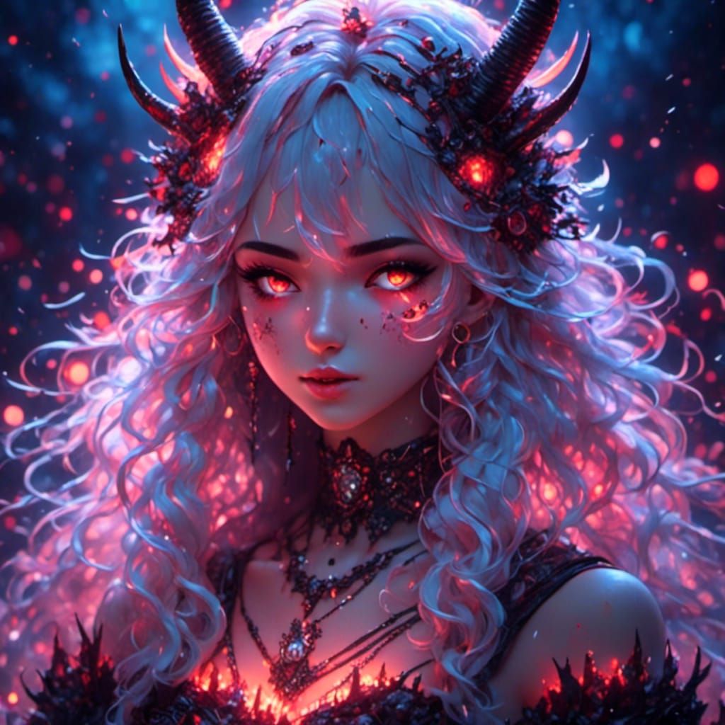 Anime Demonic Girl with Bloody Halo in Glitch Style