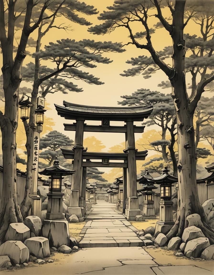 Shinto Shrine with Lanterns: Manga Sketch
