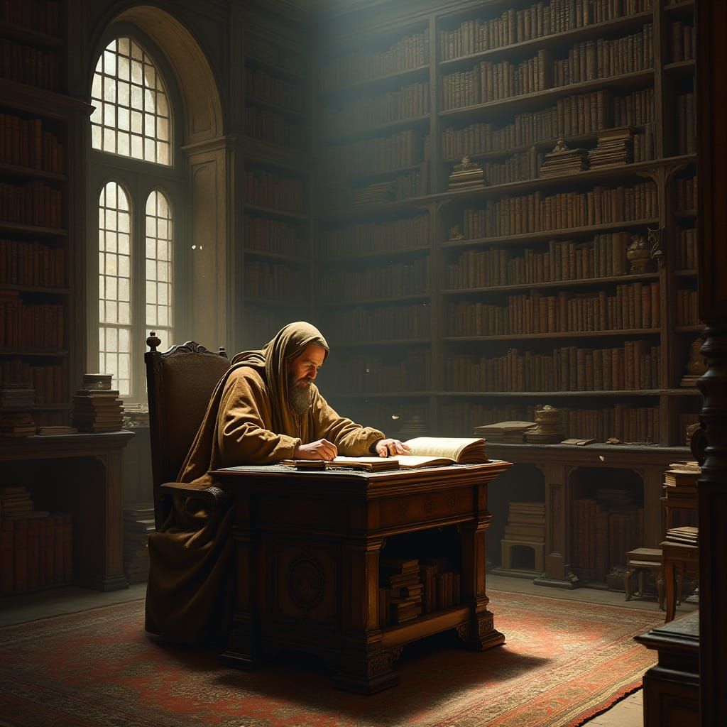 Scholar in Library, Rembrandt and Caravaggio Style