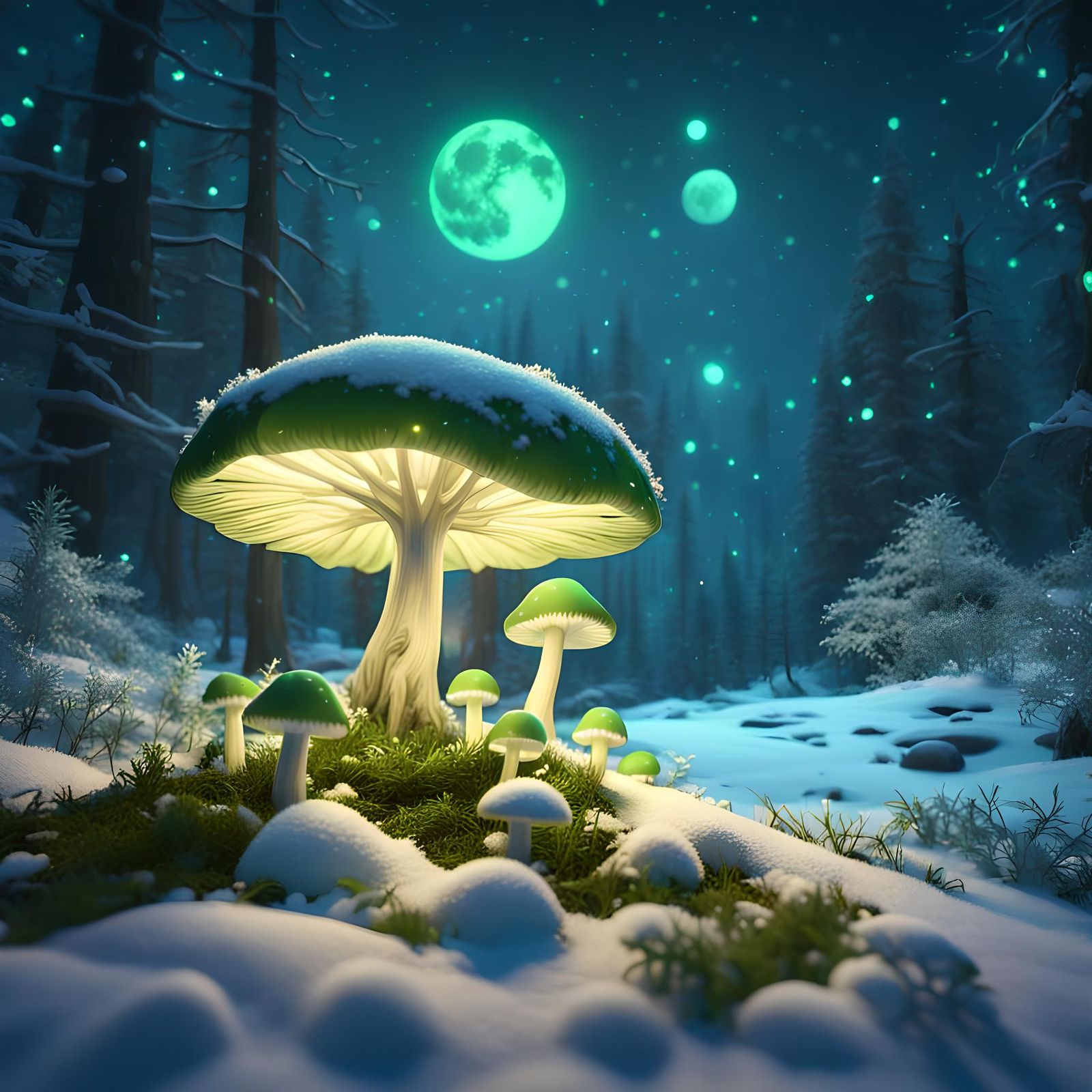 Glowing Green Fantasy Landscape at Night