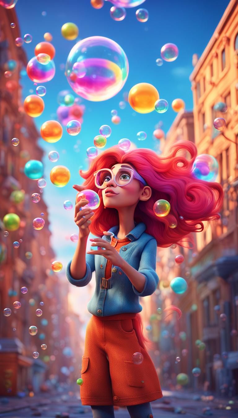 Colorful Haired Woman Blowing Bubbles: 3D Art