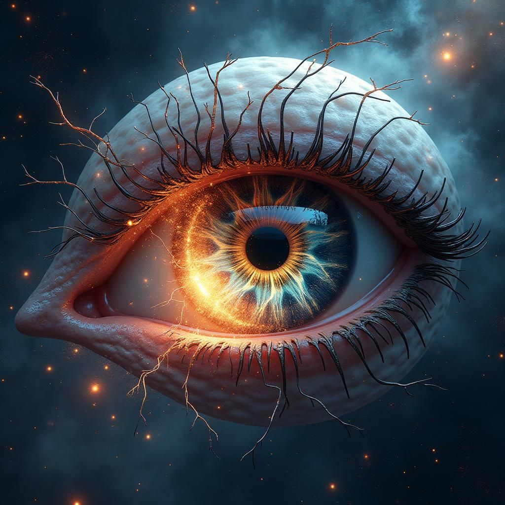 Cosmic Iris Meets Robotic Gaze in Starry Expanse