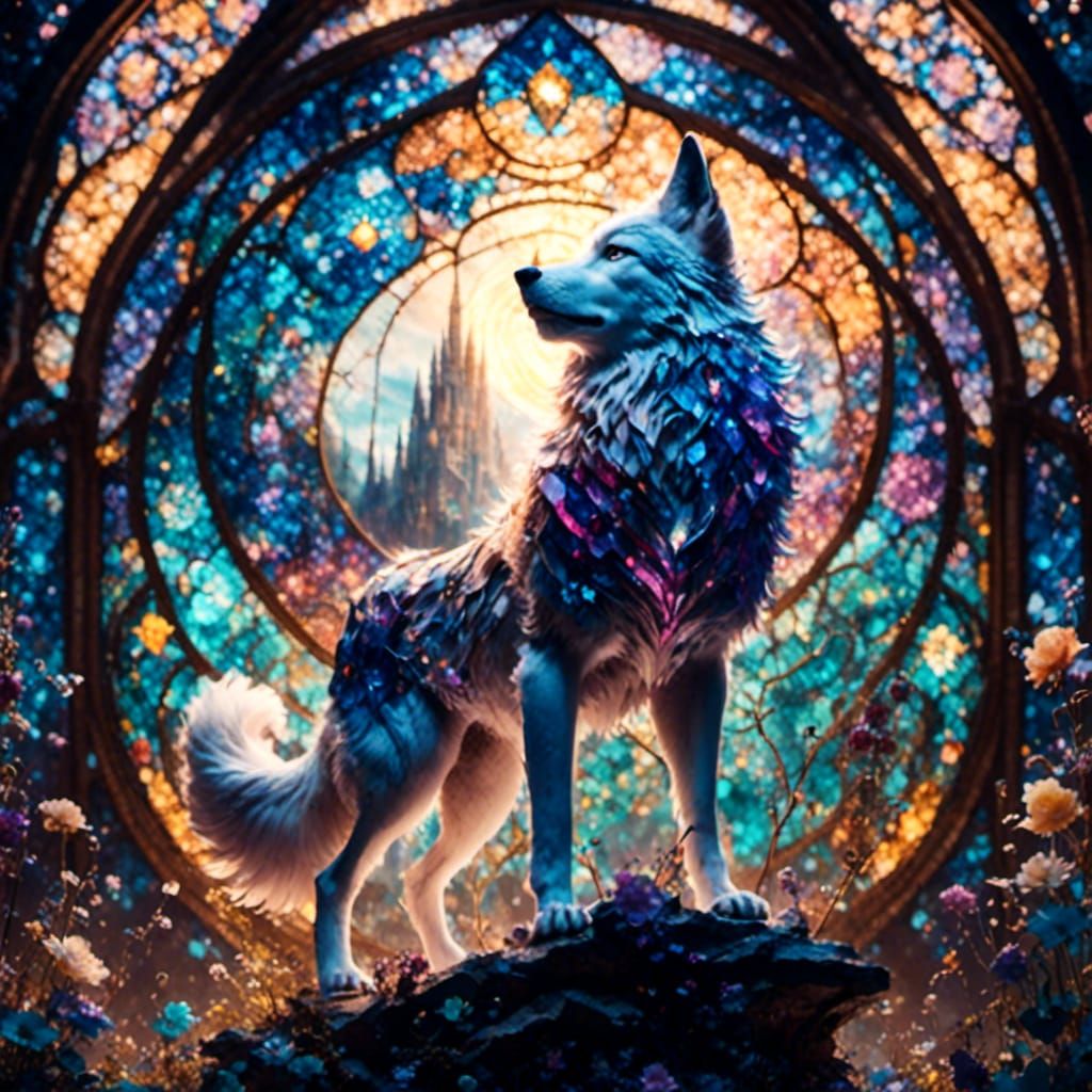 Stained Glass Wolf with Galactic Background