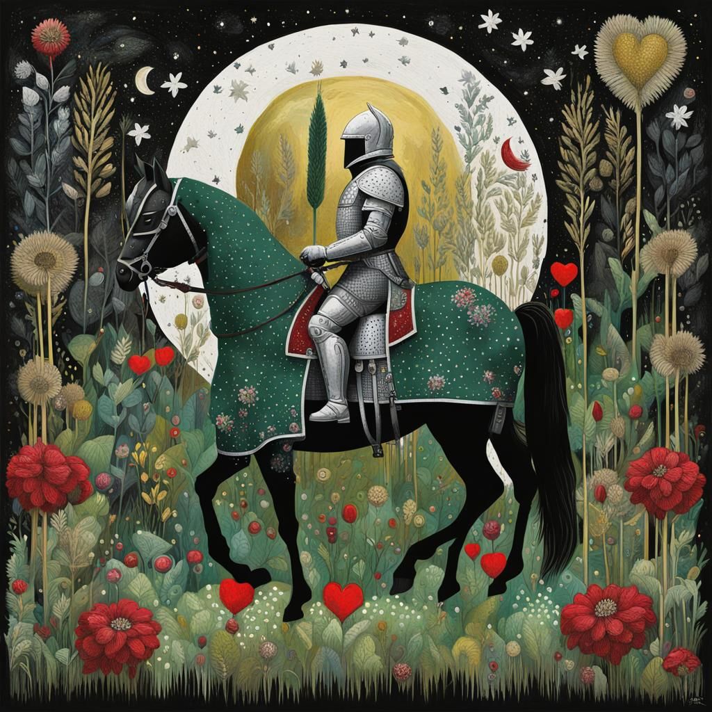 Knight Rides Through Moonlit Garden in Digital Art