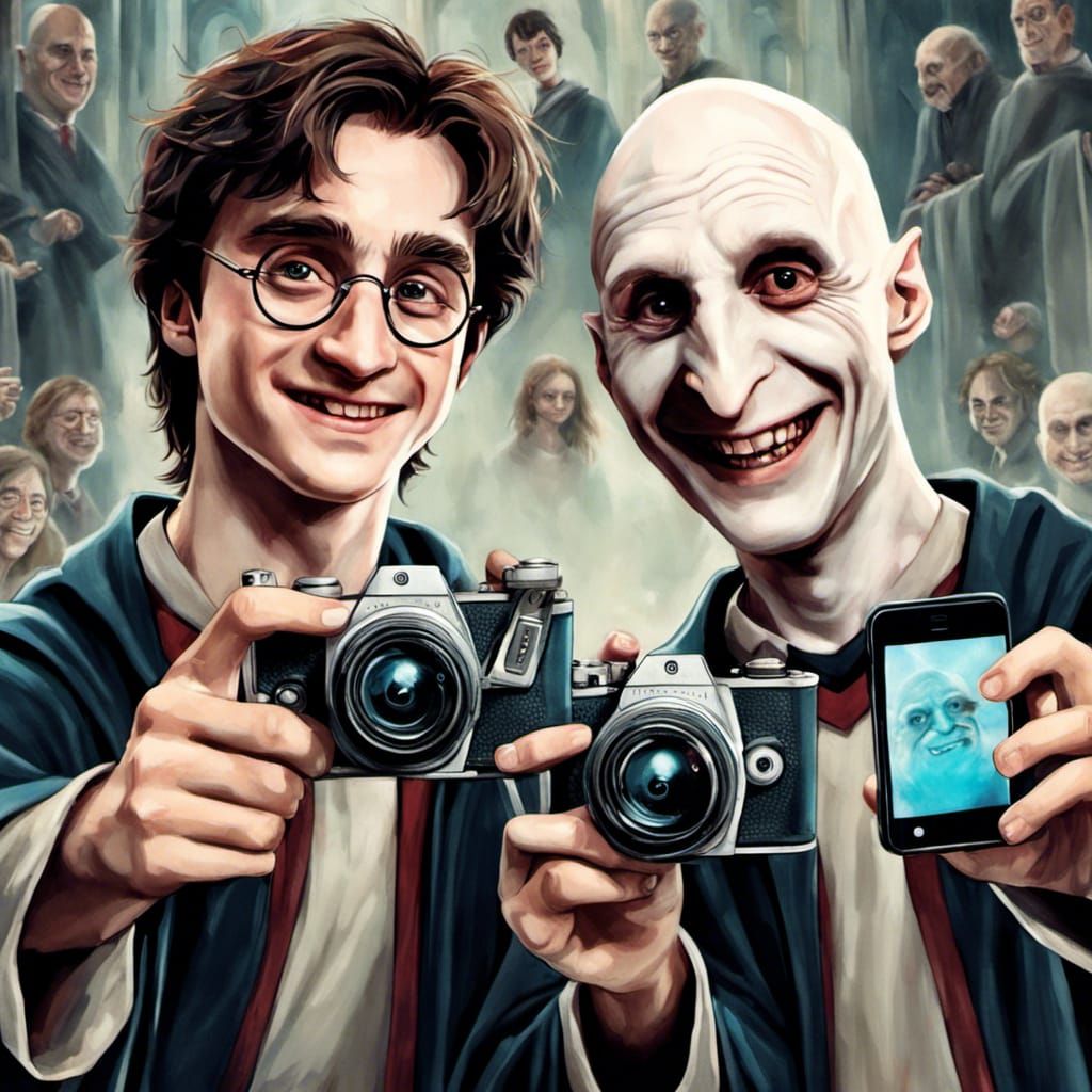 Hyperdetailed harry potter::5 and voldemort::5 smiling, holding a camera and taking a full color selfie Hyperrealistic