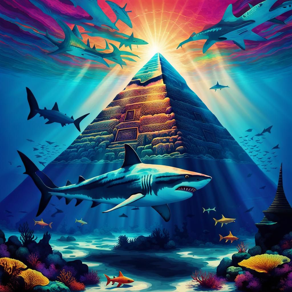 Psychedelic Shark Silhouette Near Underwater Pyramid
