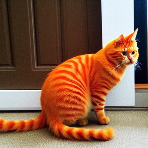 Small Orange Cat Meowing at a Closed Door