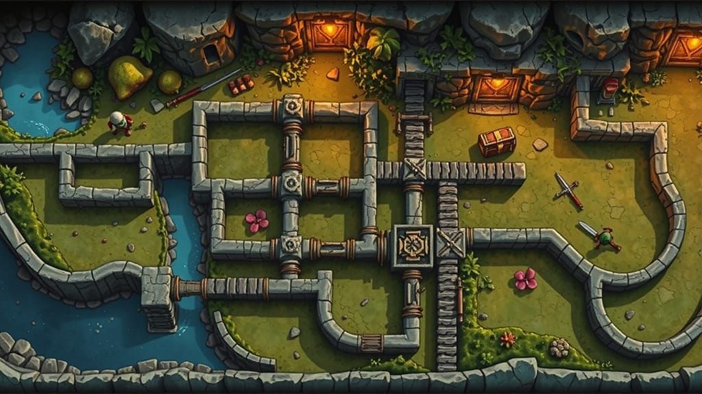 D&D Map of Underground Dungeon with Tunnels and RPG Grid