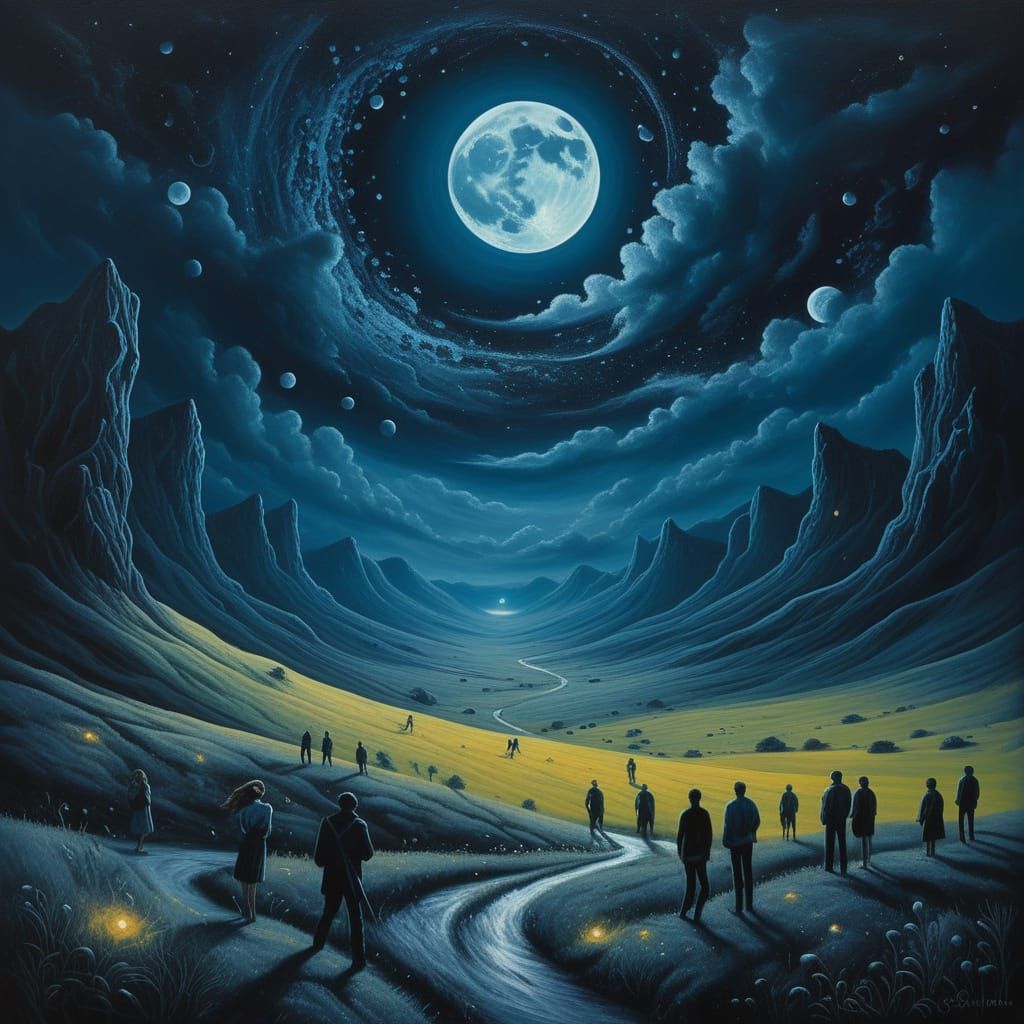 Surreal Dreamlike Scene of People Playing Under Ethereal Moo...