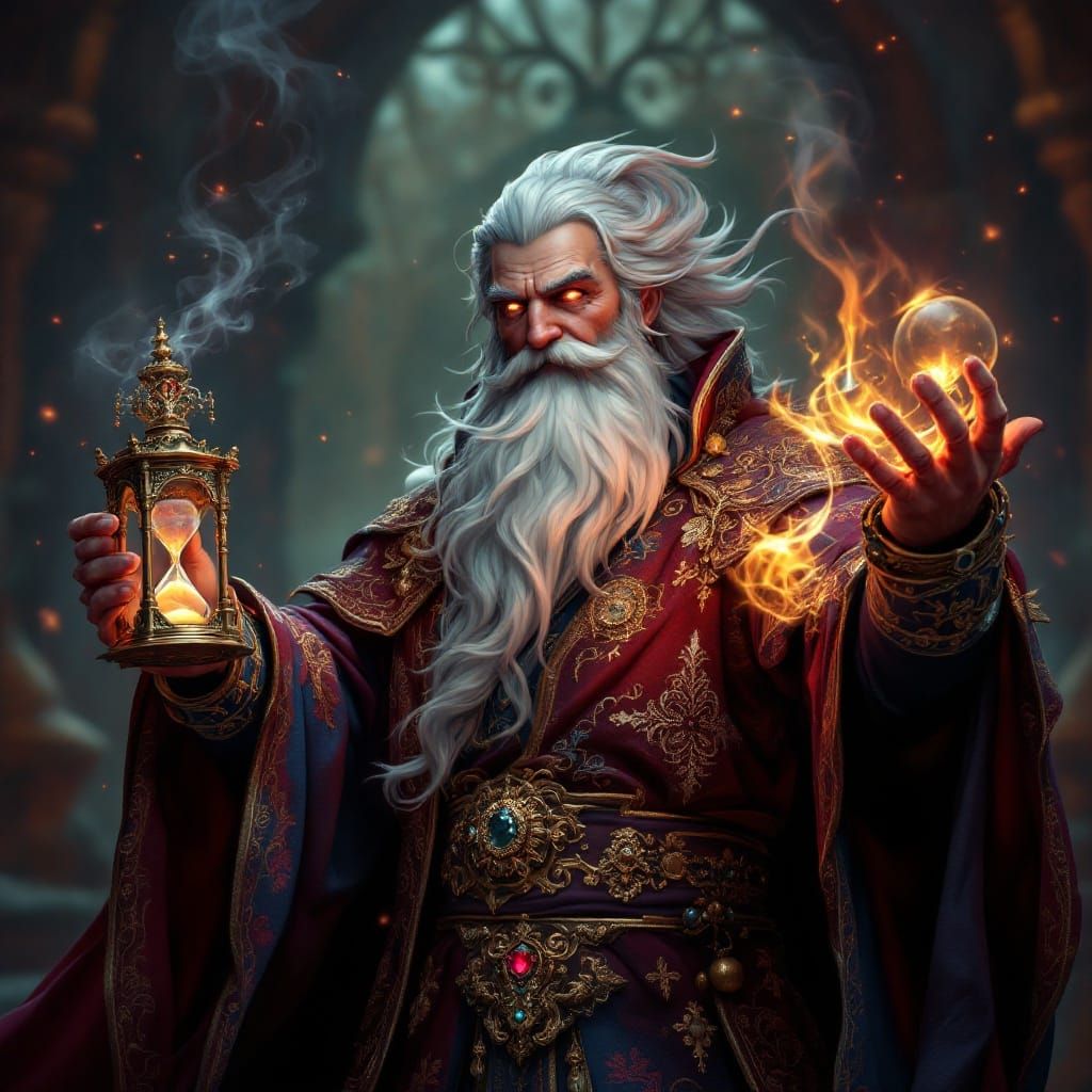 Hyper-Realistic Male Wizard with Clock and Hourglass in Vibr...