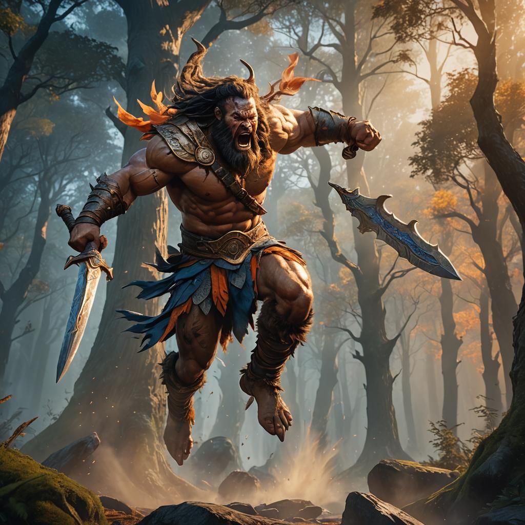 Barbarian Warrior Mid-Air in Mystical Forest