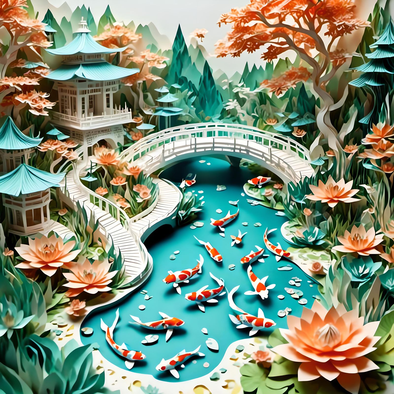 Kirigami paper art. Koi pond and Japanese garden