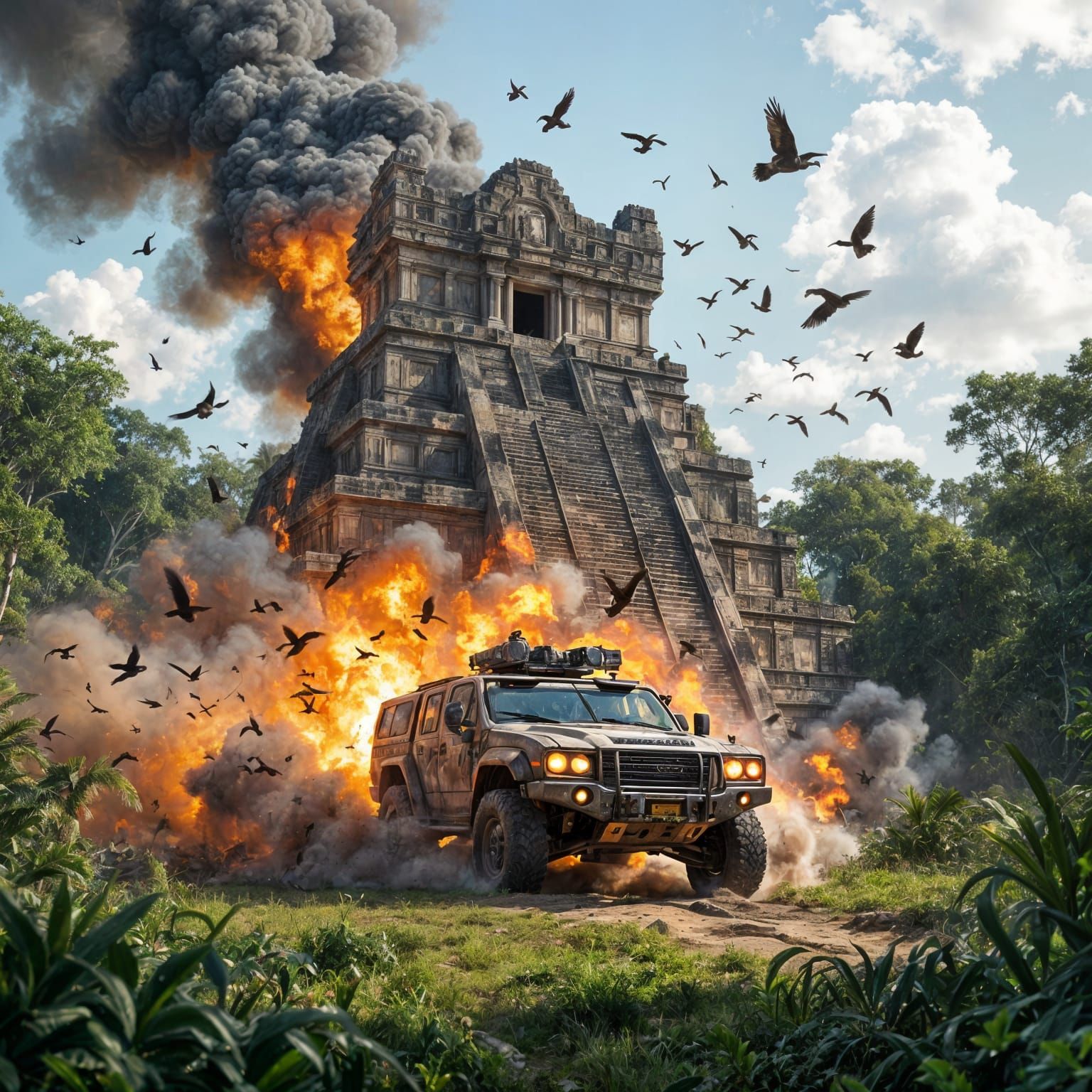 Mayan Temple Explosion in Jungle, Cinematic 3D Render