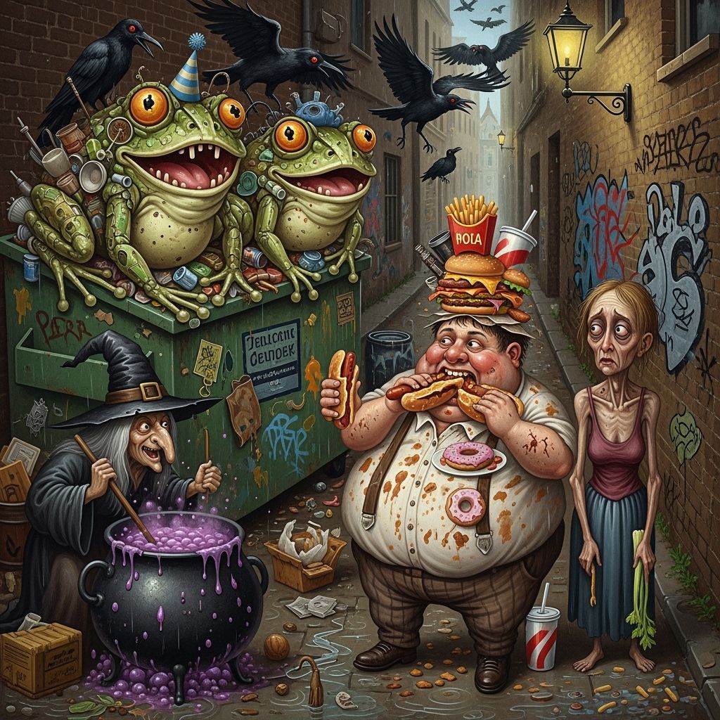Surreal Alley Scene with Frogs and Witch