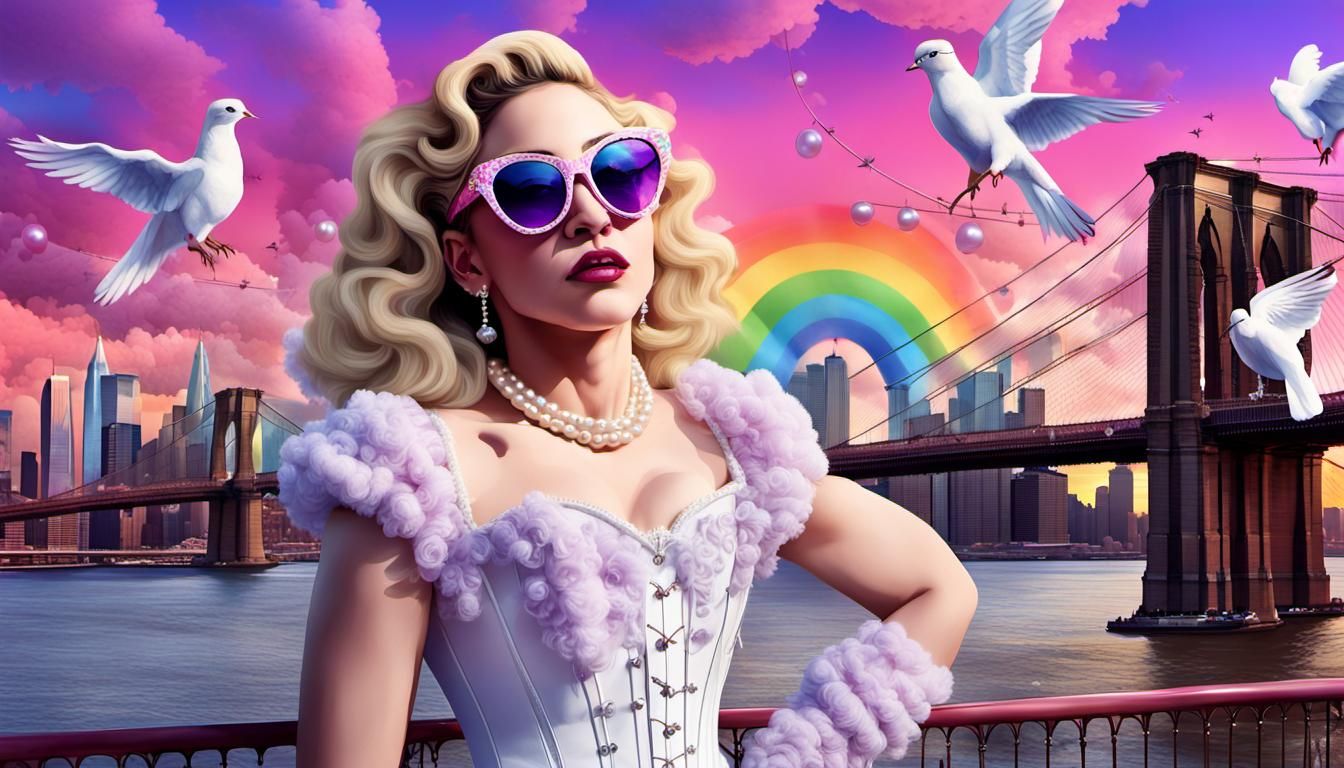 Madonna in Candy Art Style with Rainbow Sunset
