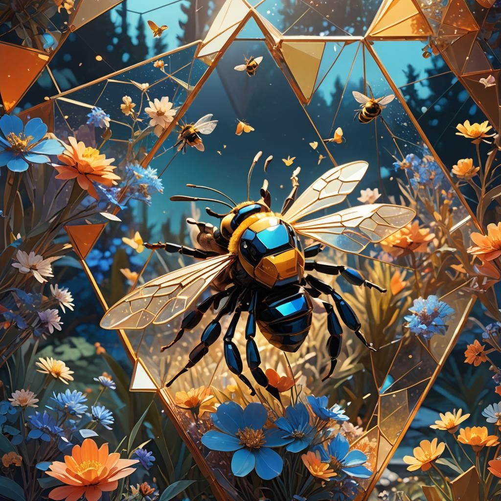 Iridescent Glass Bee in Geometric Floral Fantasy