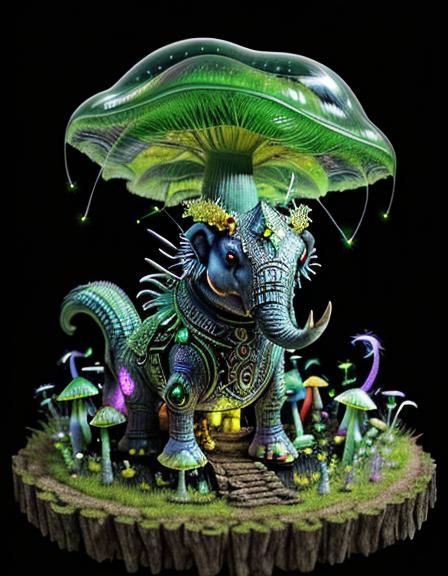 Fireflies in Surreal Forest with Mushroom Gnome