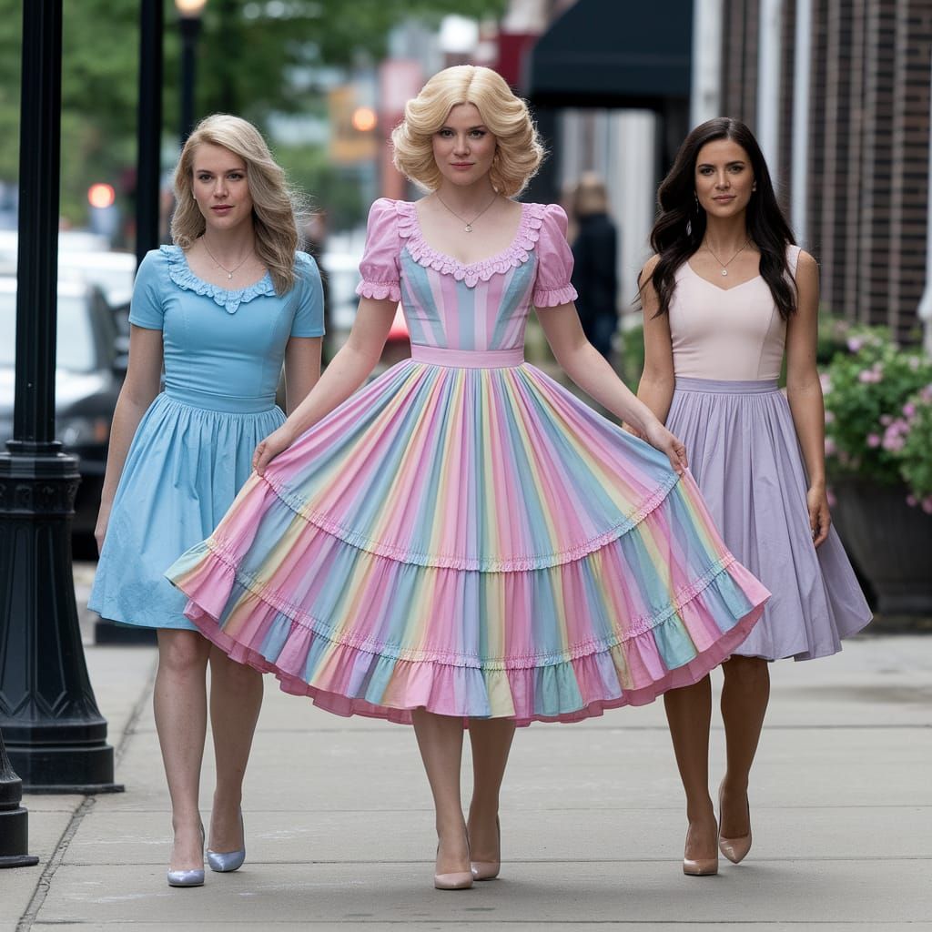 Crossdressing Man in Frilly Pastel Dress on Sidewalk