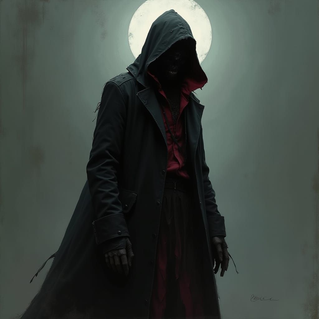 Ominous Figure in Crimson Lining, Moonlit Shadows