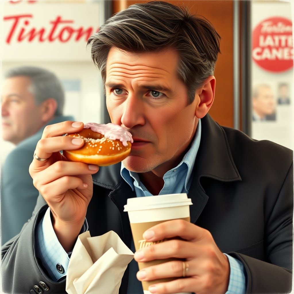 Harrison Ford as Jack Ryan eating a donut from and drinking a coffee from Tim Hortons