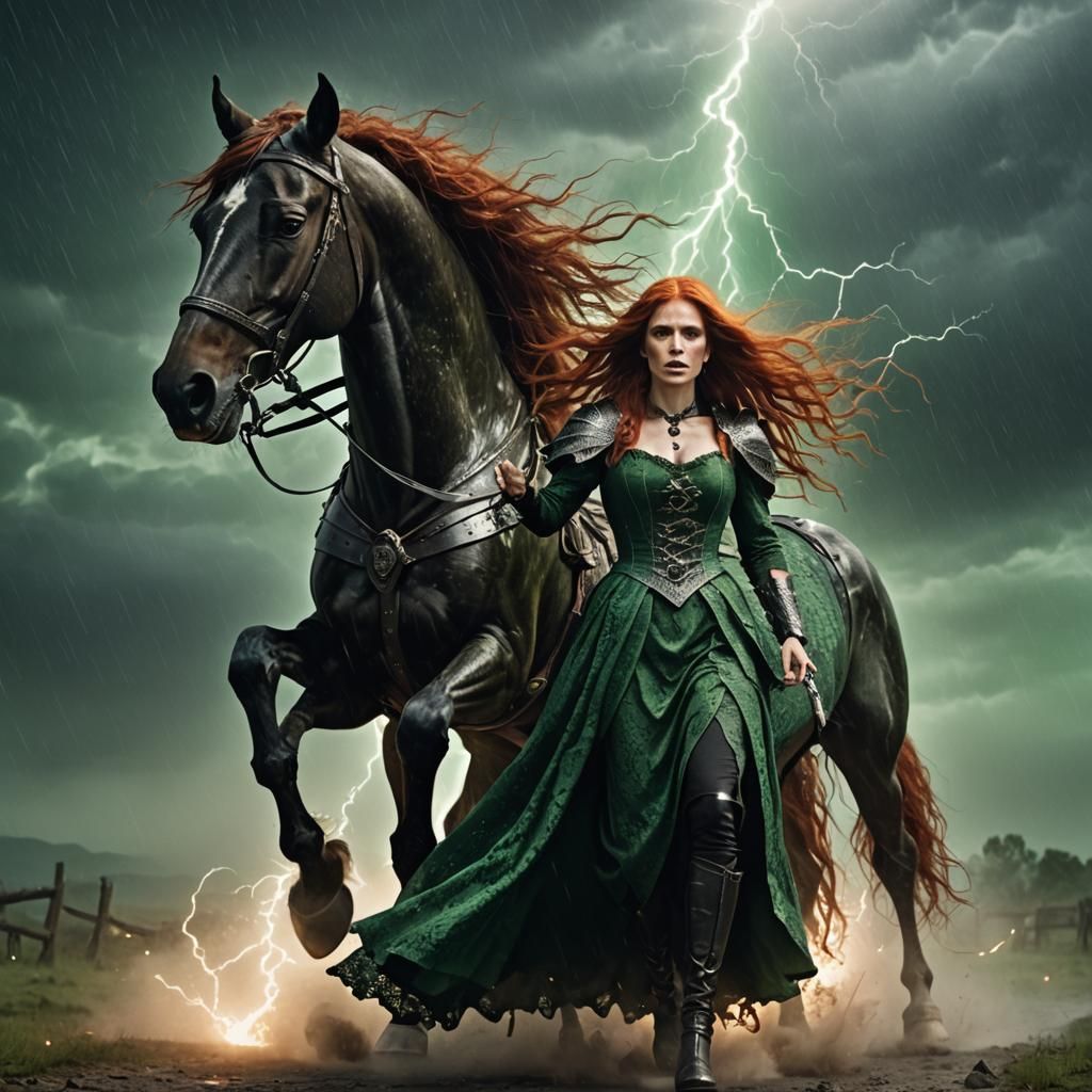 Gothic Witch Walking Armored Horse in Storm